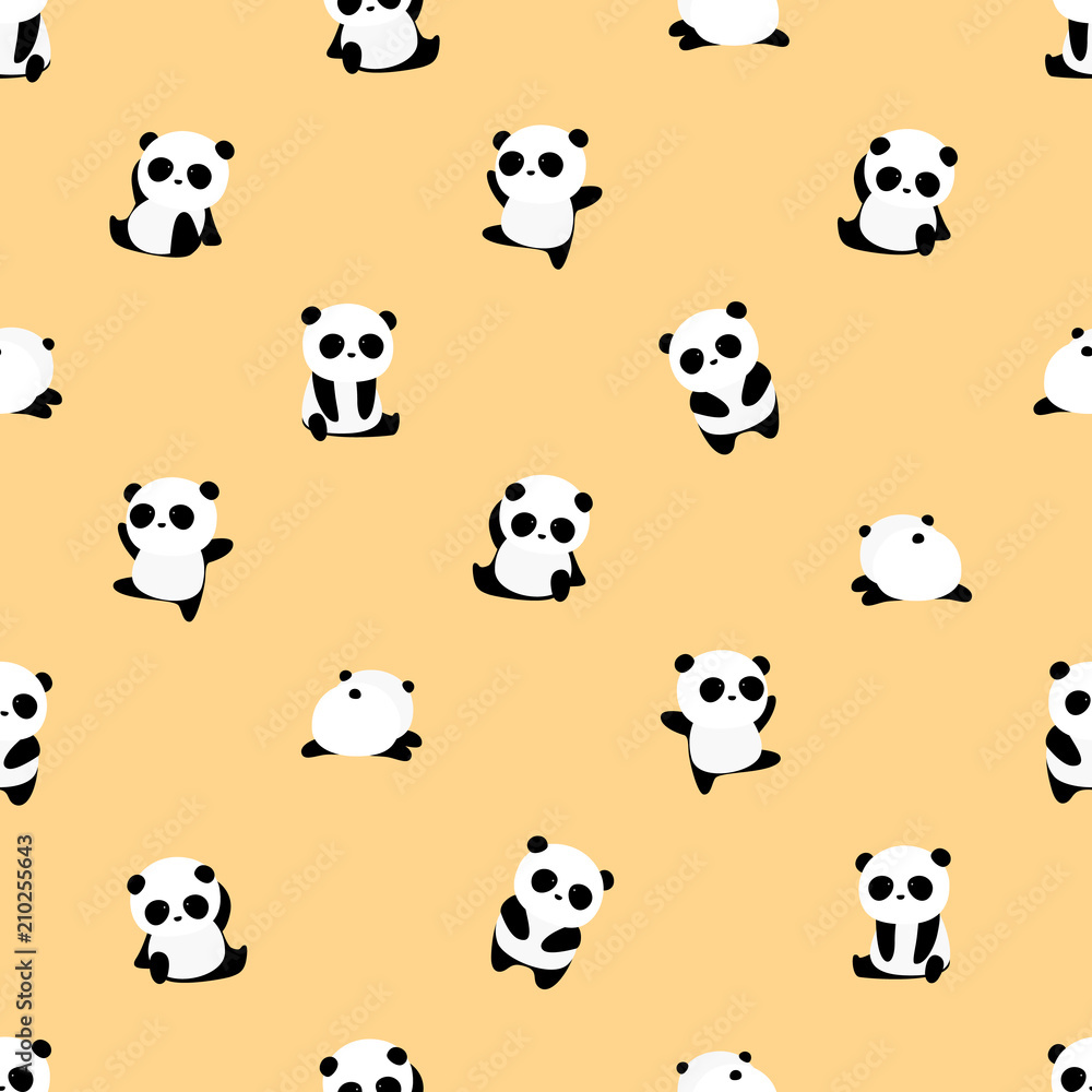 Seamless Vector Pattern: panda bear pattern on light yellow / orange background. Small pandas with different gestures.