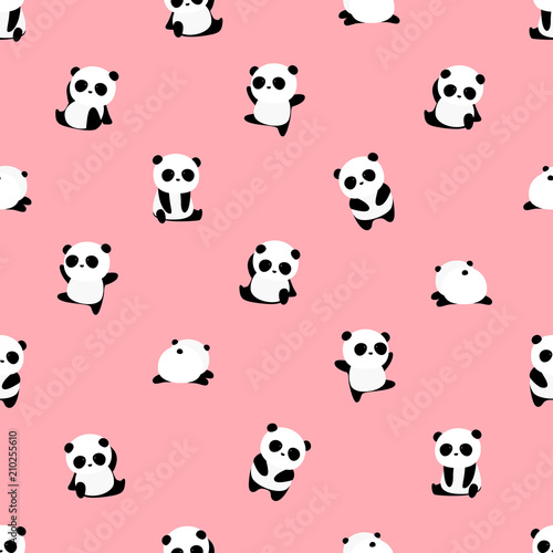 Seamless Vector Pattern: panda bear pattern on light pink background. Small pandas with different gestures.