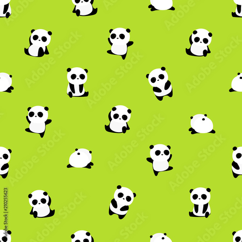 Seamless Vector Pattern: panda bear pattern on light grass background. Small pandas with different gestures.