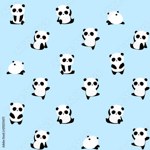 Seamless Vector Pattern: panda bear pattern on light blue background. Small pandas with different gestures.