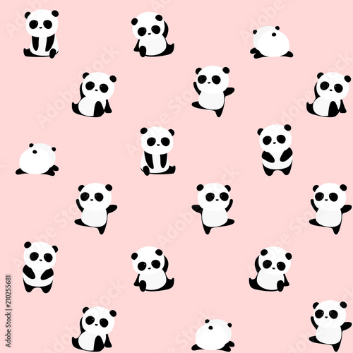 Seamless Vector Pattern: panda bear pattern on light pink background. Small pandas with different gestures. photo