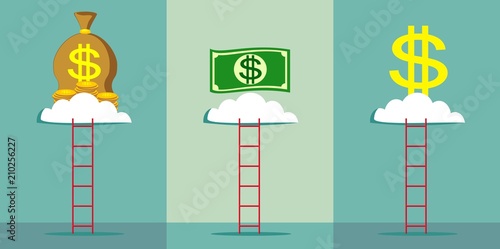 ladder to the sky for money. Stock flat vector illustration. Set