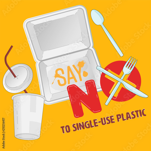 Single-use plastic container for food and beverage outline flat objects with typographic design. Say no to plastic concept. Vector illustration.