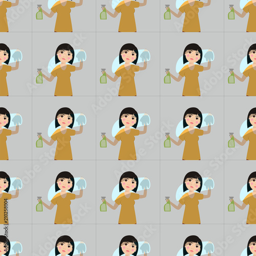Housewifes homemaker woman cute cleaning cartoon girl seamless pattern background housewifery female wife character vector illustration.