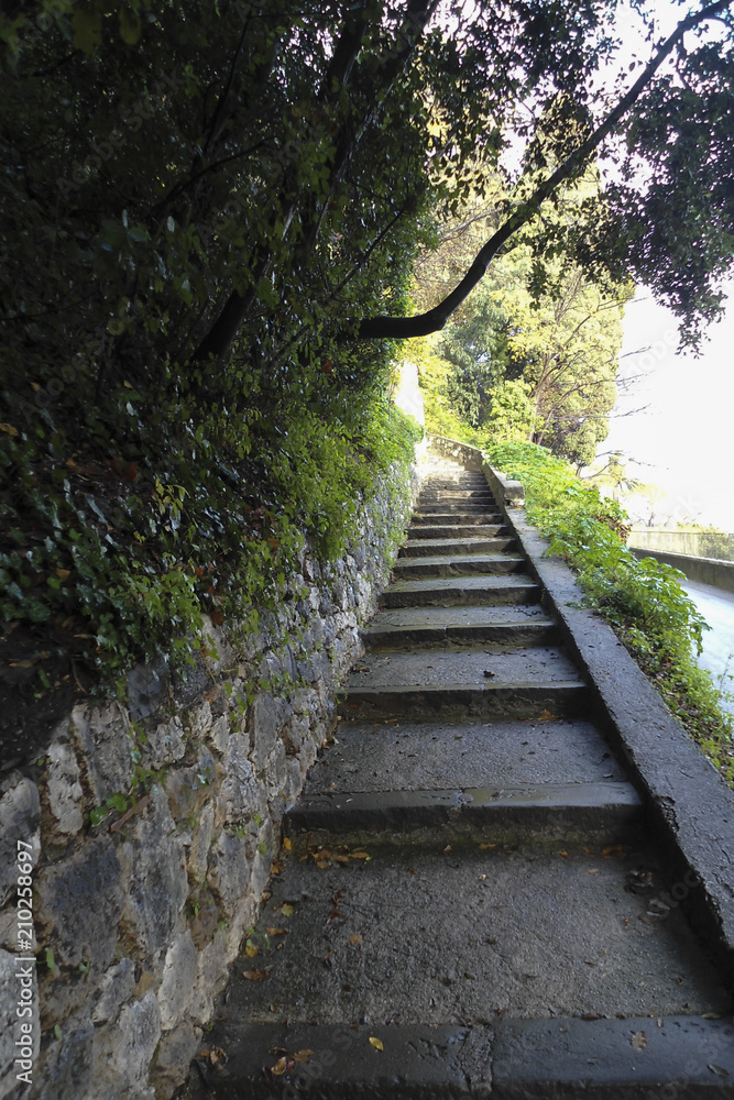 Direct way to the top, narrow steps along the shady alley behind the stone wall, exit from the shade