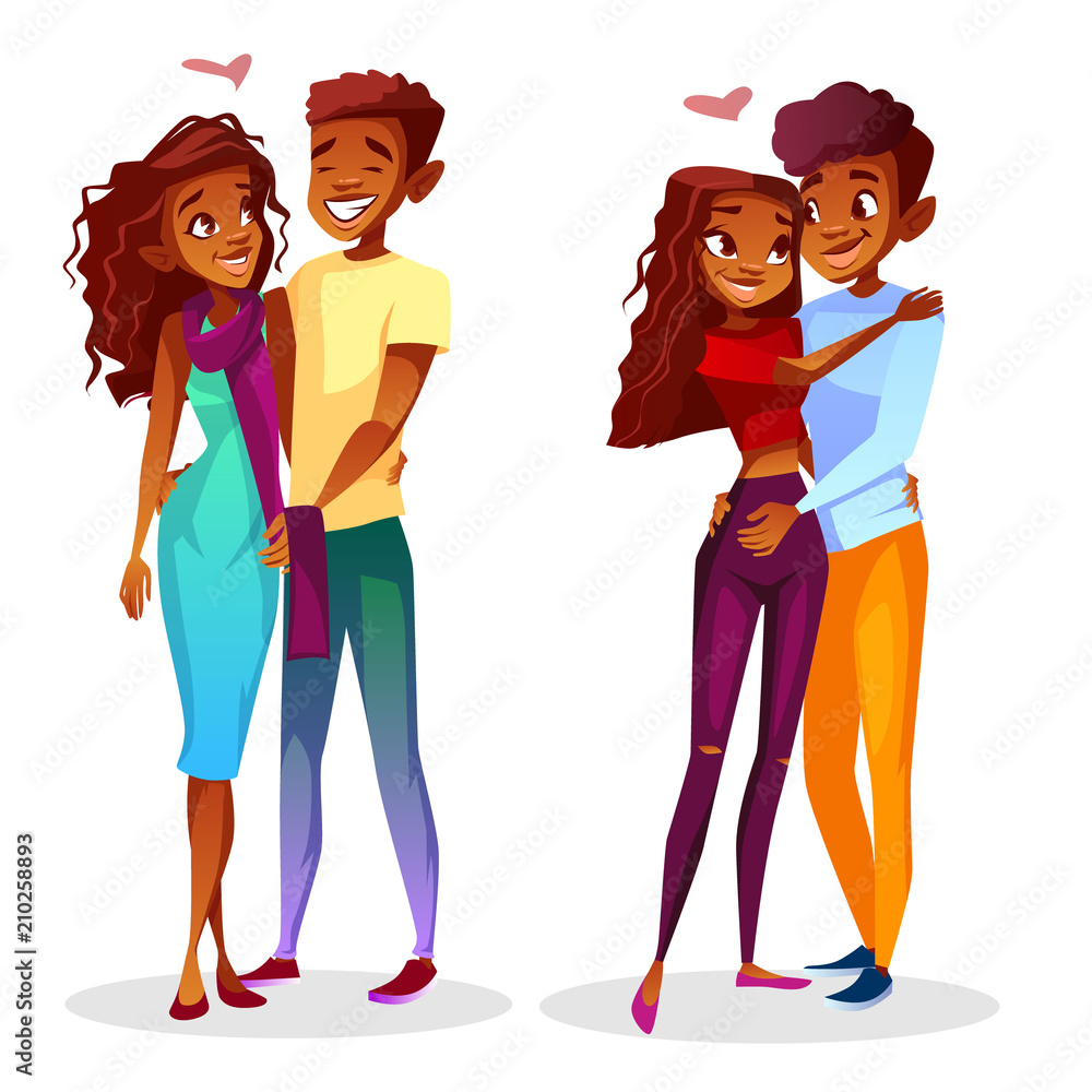 Black couple in love vector illustration of young Afro American teen boy  and girl in romance