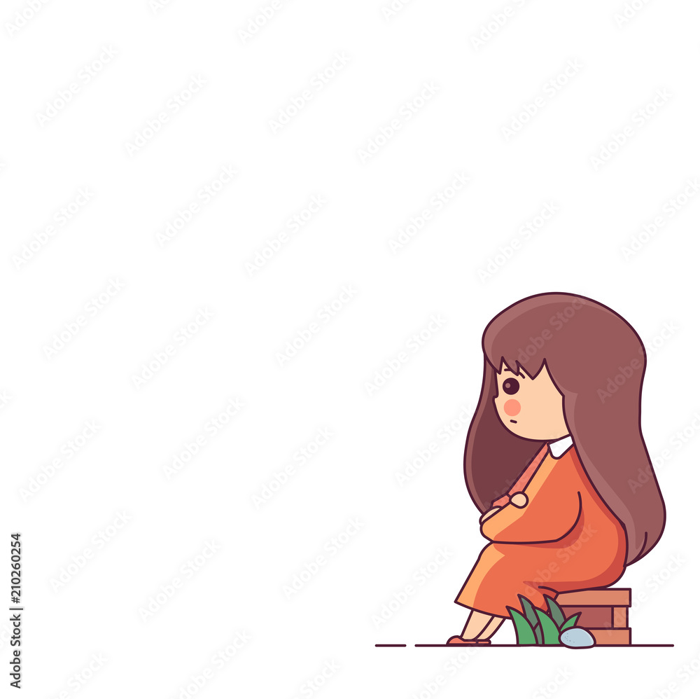 Sad Girl Waiting Sitting Wood Box Character Vector Illustration ...
