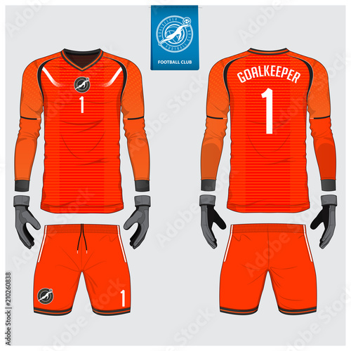 Orange Goalkeeper jersey or soccer kit, long sleeve jersey, goalkeeper glove template design. Sport t-shirt mock up. Front and back view football uniform. Flat football logo label. Vector