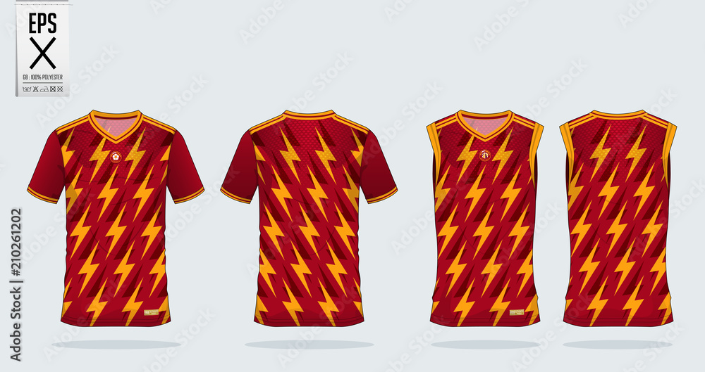 Obraz premium Orange-Red Thunderbolt pattern t-shirt sport design template for soccer jersey, football kit and tank top for basketball jersey. Sport uniform in front and back view. T shirt mock up for sport club.