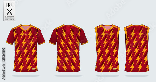 Orange-Red Thunderbolt pattern t-shirt sport design template for soccer jersey, football kit and tank top for basketball jersey. Sport uniform in front and back view. T shirt mock up for sport club.