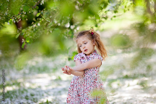 Little cute girl walking in summer park
