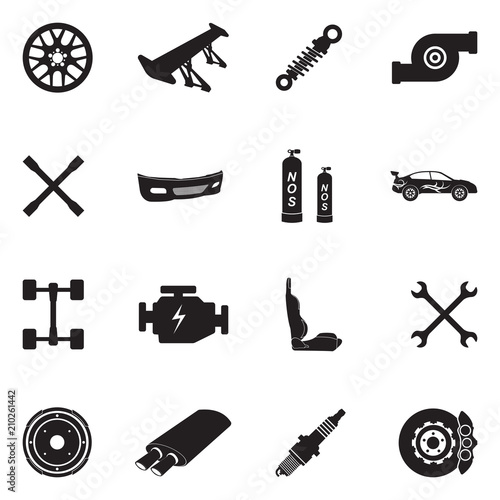 Car Tuning Icons. Black Flat Design. Vector Illustration.