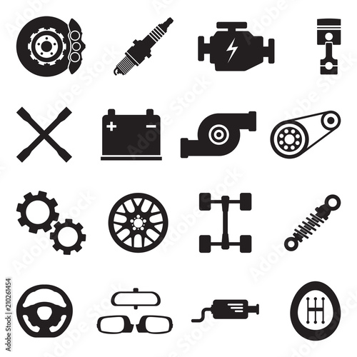 Car Parts Icons. Black Flat Design. Vector Illustration.