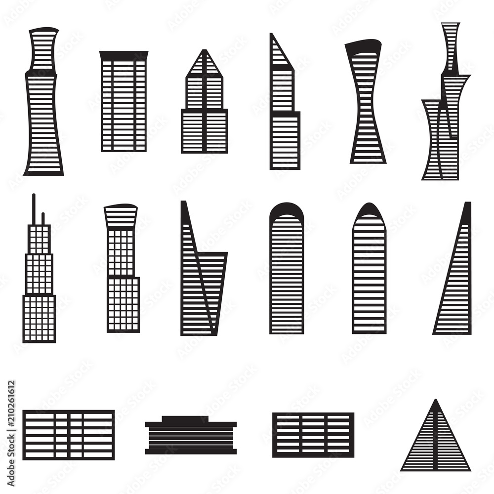 Buildings Icons. Black Flat Design. Vector Illustration.
