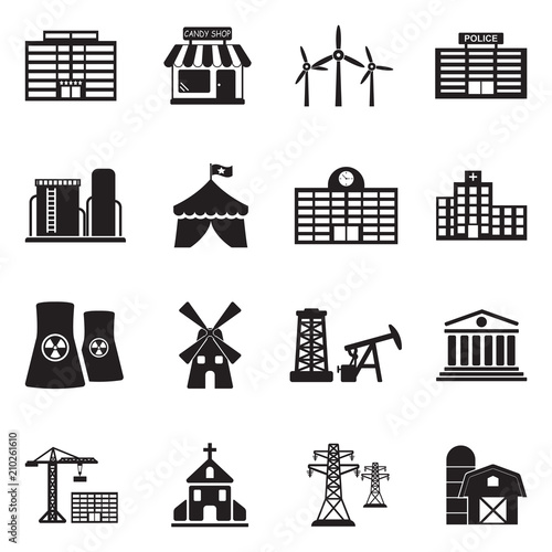 Buildings And Institutions Icons. Black Flat Design. Vector Illustration.