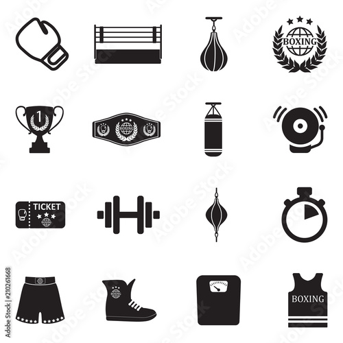 Boxing Icons. Black Flat Design. Vector Illustration.