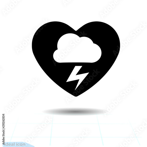 Weather forecast - storm in heart. Cloud lightning heart icon. A symbol of The high voltage from love. Warning Valentines day pictogram. Have a happy day. Vector Warning voltage and bad weather