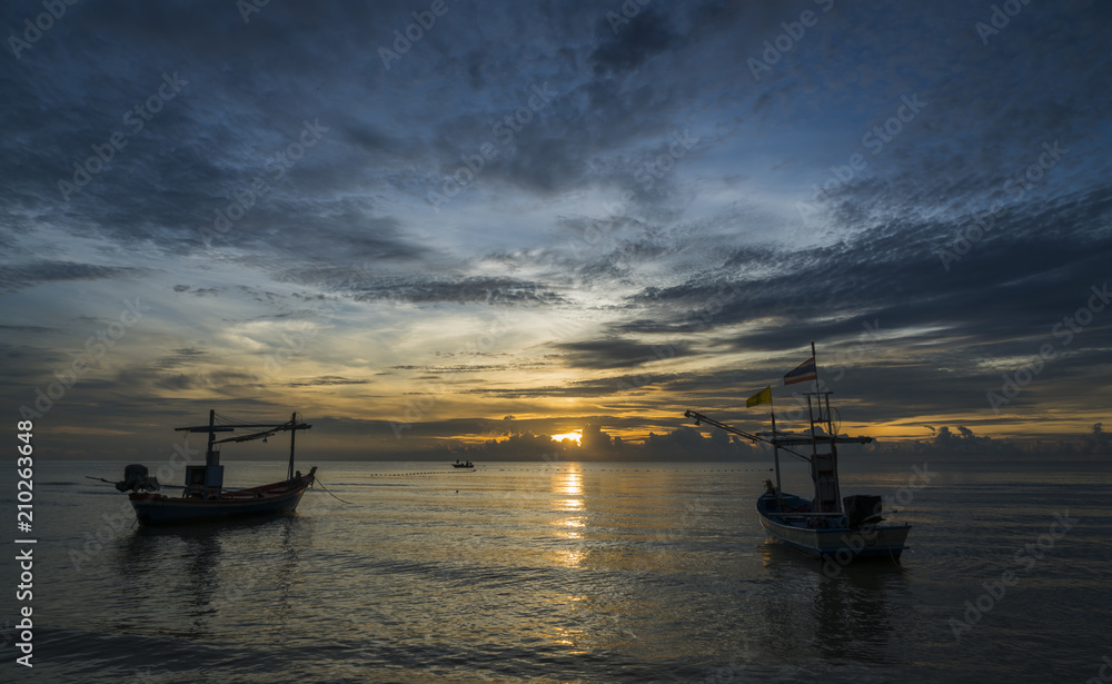Beautiful scenic in Hua Hin, Bangkok with fishing boats in dawn