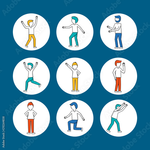 teamwork concept stickers boys running stand up hands up vector illustration