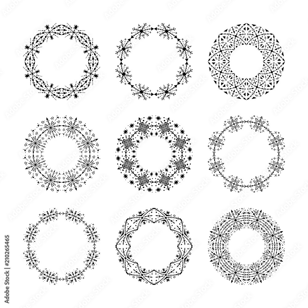 Monochrome traditional tribal round frames. Set of 9 elements. Monochrome traditional tribal round frames. Set of 9 elements.