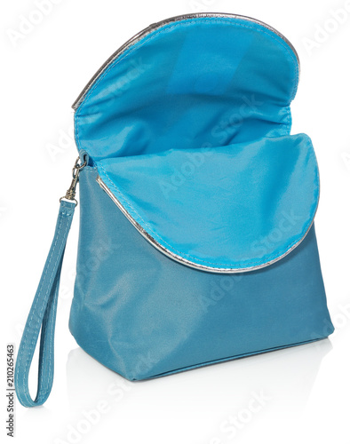Feminine beautician to store cosmetics. Purse for women made of turquoise material with silver borders with space for a logo.