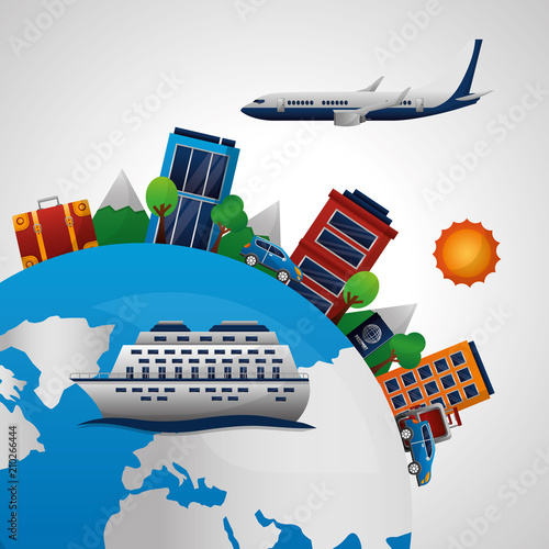 travel around the world cruise trip buildings sun airplane flying cars vector illustration