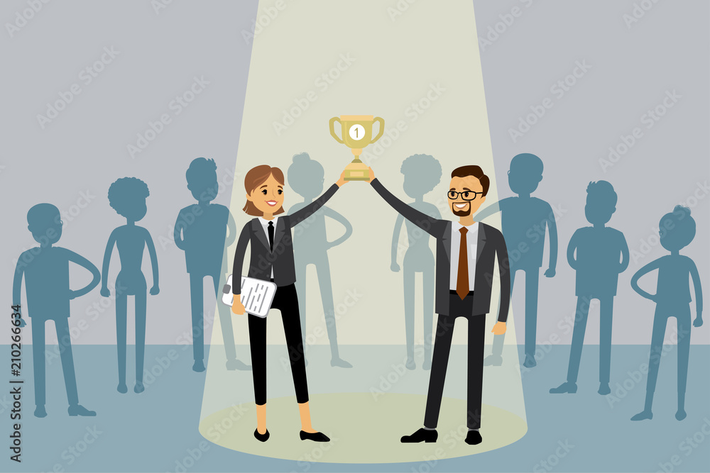 businessman and woman holding the winner cup together,success concept businessman and woman holding the winner cup together,success concept