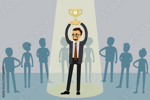 Job candidate won and stand in spotlight with cup