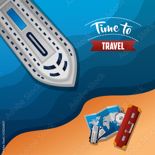 time to travel beach cruise map guide equipment compass vector illustration