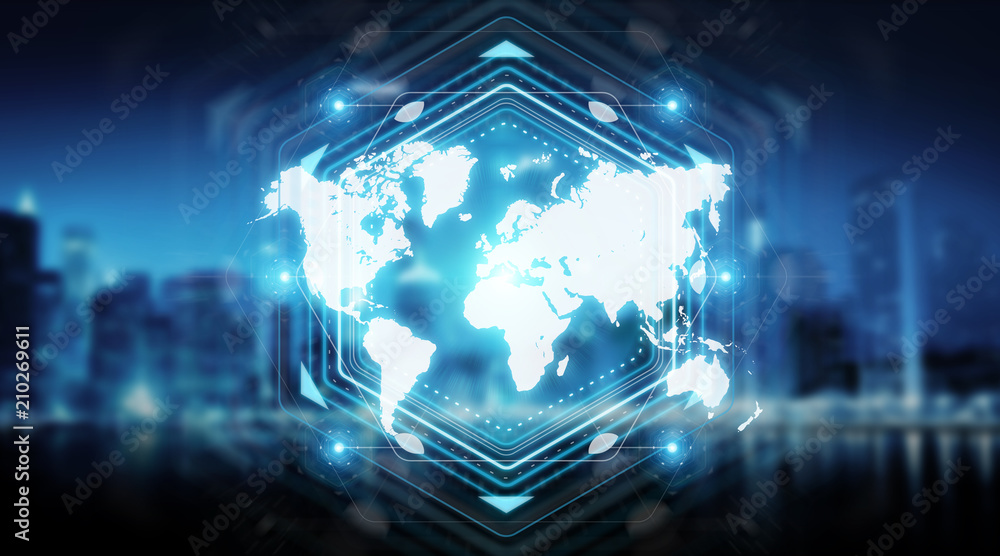 Digital world map screen interface 3D rendering Digital world map screen interface 3D rendering