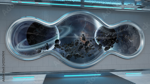 Fototapeta Naklejka Na Ścianę i Meble -  White tech spaceship round window interior background 3D rendering