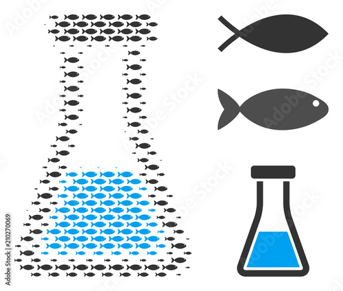 Fish chemical retort halftone composition. Vector fish icons are formed into chemical retort composition. Eco design concept.