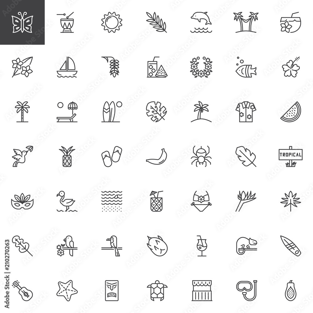 Fototapeta premium Tropical vacation outline icons set. linear style symbols collection, line signs pack vector graphics. Set includes icons as Cocktail, Yacht ship, Palm tree, Sunbed, Surfboard, Bikini, Hammock, Guitar