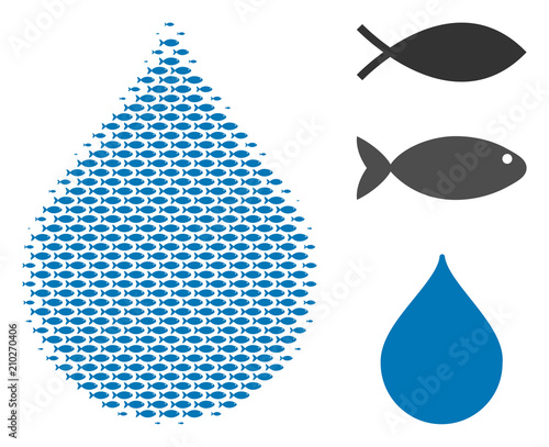 Fish drop halftone collage. Vector fish items are united into drop collage. Nautical design concept.
