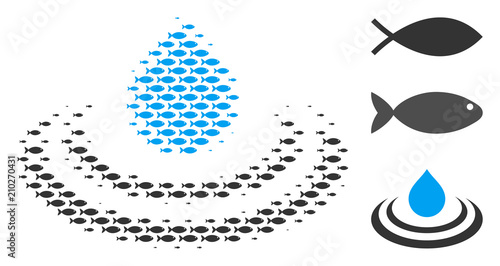 Fish drop ripple halftone composition. Vector fish items are shaped into drop ripple composition. Nautical design concept.