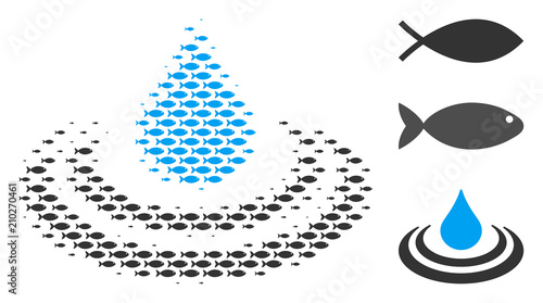Fish drop ripple halftone composition. Vector fish pictograms are united into drop ripple composition. Fishery design concept.