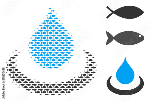 Fish drop ripple halftone collage. Vector fish items are united into drop ripple collage. Seafood design concept.