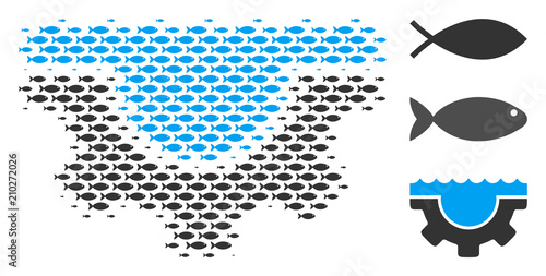 Fish water service gear halftone mosaic. Vector fish symbols are formed into water service gear mosaic. Fishery design concept.