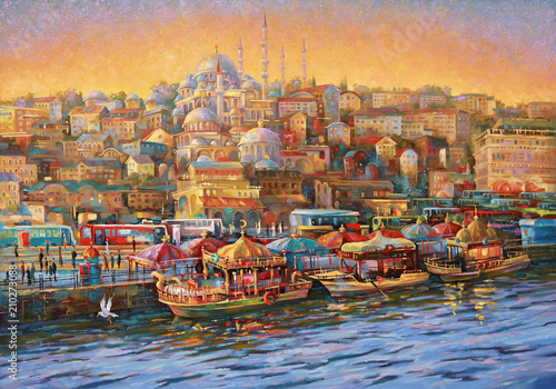 Oil painting on canvas.  Istanbul. Golden Horn Bay. Author: Nikolay Sivenkov.
