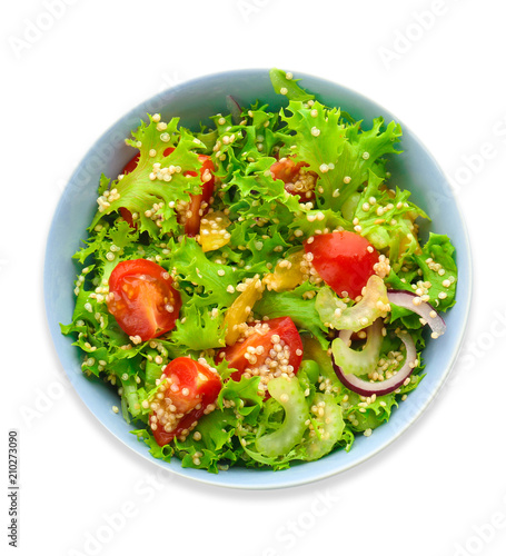 Bowl with quinoa salad on white background