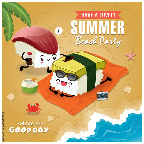 Vintage Summer poster with Tamago, Hokkigai sushi character, palm tree.