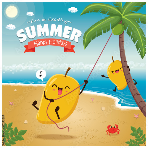 Vintage Summer poster with mango character, palm tree.