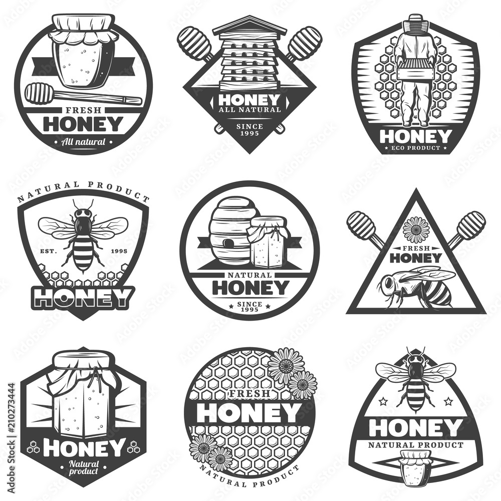 Obraz premium Vintage Monochrome Honey Labels Set