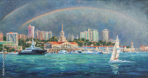 Oil painting on canvas.  Double Rainbow. Architectural landscape of the beloved city of Sochi. Author: Nikolay Sivenkov.