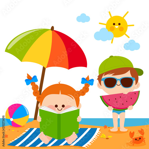 Children at the beach reading a book and eating a slice of watermelon under a beach umbrella. Vector illustration