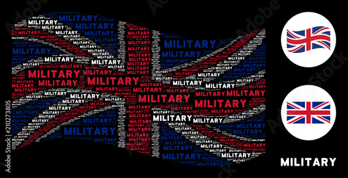 Waving United Kingdom official flag pattern composed of military texts. Vector military text elements are united into conceptual UK flag collage.