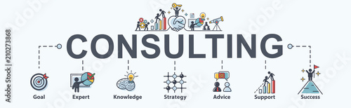 Consulting banner web icon for business, goal, planing, Advice, expert, strategy, support and success. Minimal vector infographic.