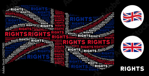 Waving UK flag collage designed of rights text elements. Vector rights texts are composed into conceptual UK flag illustration.