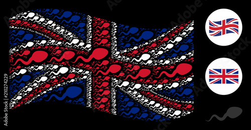 Waving United Kingdom official flag pattern made of spermatozoon icons. Vector spermatozoon elements are formed into geometric UK flag collage.
