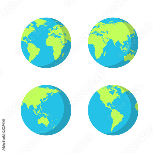 Set of planet Earth icons with different continents positions.